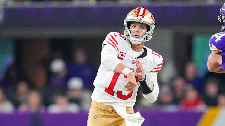 Oct 23, 2023; Minneapolis, Minnesota, USA; San Francisco 49ers quarterback Brock Purdy (13) passes against the Minnesota Vikings in the first quarter at U.S. Bank Stadium. Mandatory Credit: Brad Rempel-Imagn Images Oct 23, 2023; Minneapolis, Minnesota, USA; San Francisco 49ers quarterback Brock Purdy (13) passes against the Minnesota Vikings in the first quarter at U.S. Bank Stadium. Mandatory Credit: Brad Rempel-Imagn Images