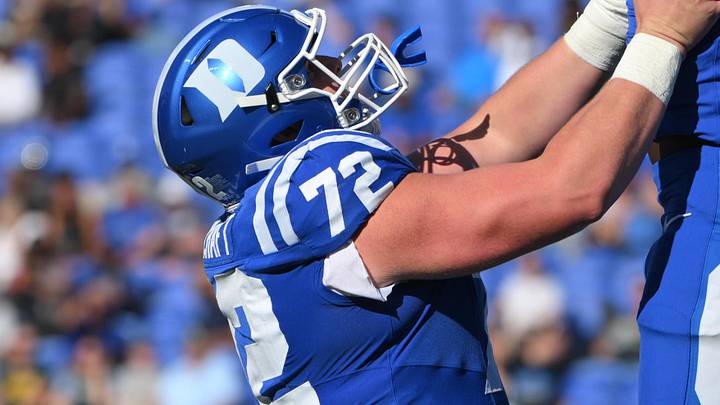 Sep 26, 2026; Durham, North Carolina, USA; Duke Blue Devils offensive lineman Matt Craycraft (72) celebrates a touchdown by wide receiver Kavon Simmons (7) against the William & Mary Tribe during the second quarter at Wallace Wade Stadium. Mandatory Credit: Zachary Taft-Imagn Images Sep 26, 2026; Durham, North Carolina, USA; Duke Blue Devils offensive lineman Matt Craycraft (72) celebrates a touchdown by wide receiver Kavon Simmons (7) against the William & Mary Tribe during the second quarter at Wallace Wade Stadium. Mandatory Credit: Zachary Taft-Imagn Images