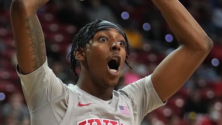 Feb 19, 2022; Las Vegas, Nevada, USA; UNLV Runnin' Rebels forward Donovan Williams (3) reacts to a call during the second half against the Colorado State Rams at Thomas & Mack Center. Mandatory Credit: Stephen R. Sylvanie-Imagn Images