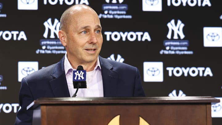 Dec 21, 2022; Bronx, New York, USA; Brian Cashman speaks during a press conference at Yankee Stadium.