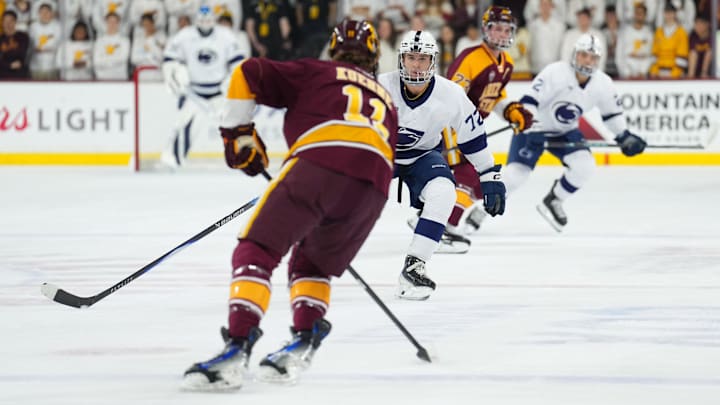 Oct 3, 2025; Tempe, AZ, USA; Arizona State Sun Devils defenseman Lincoln Kuehne (11) in action against the Penn State Nittany Lions during the first period at Mullett Arena.