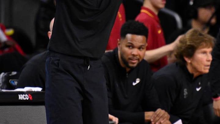 Mar 24, 2025; Los Angeles, California, USA; USC Trojans head coach Lindsay Gottlieb during an NCAA Tournament second round game against the Mississippi State Bulldogs at Galen Center. Mandatory Credit: Robert Hanashiro-Imagn Images