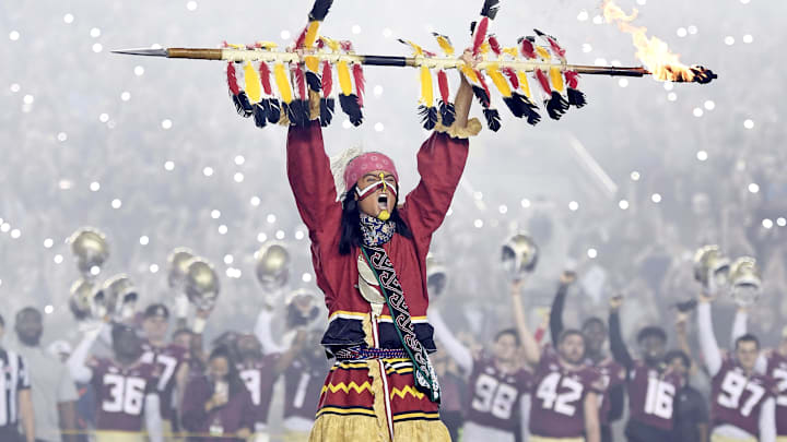 Nov 25, 2022; Tallahassee, Florida, USA; Florida State Seminoles symbol Chief Osceola plants the spear at midfield before the game against the Florida Gators at Doak S. Campbell Stadium. Mandatory Credit: Melina Myers-Imagn Images