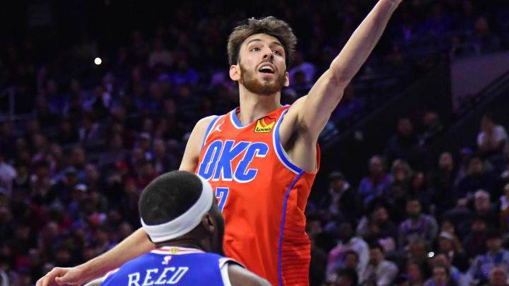 Apr 2, 2024; Philadelphia, Pennsylvania, USA; Oklahoma City Thunder forward Chet Holmgren (7) shoots