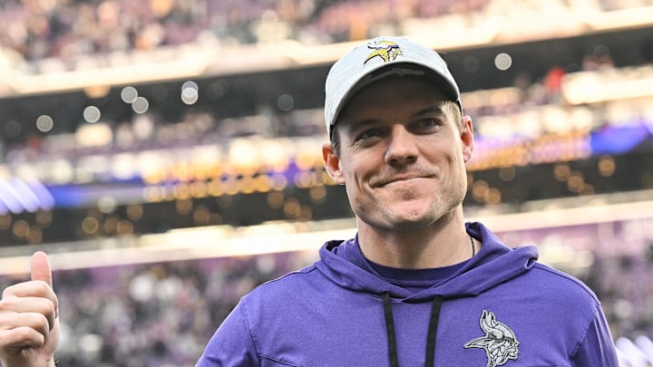 Dec 4, 2022; Minneapolis, Minnesota, USA; Minnesota Vikings head coach Kevin O'Connell reacts after the game against the New York Jets at U.S. Bank Stadium. Mandatory Credit: Jeffrey Becker-Imagn Images