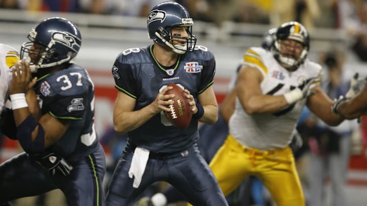 Feb 5, 2006; Detroit, MI, USA; Seattle Seahawks quarterback Matt Hasselbeck (8) passes against the Pittsburgh Steelers in the fourth quarter of Super Bowl XL at Ford Field. 