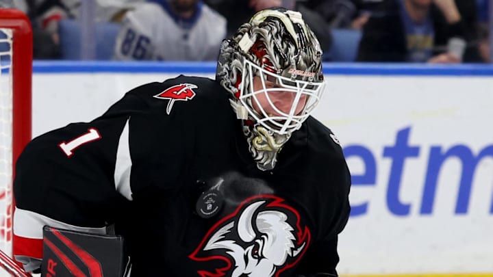 Mar 8, 2026; Buffalo, New York, USA;  Buffalo Sabres goaltender Ukko-Pekka Luukkonen (1) makes a save during the third period against the Tampa Bay Lightning at KeyBank Center. Mandatory Credit: Timothy T. Ludwig-Imagn Images
