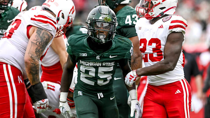 Michigan State's Chance Rucker celebrates after a defensive stop against Nebraska during the third quarter on Saturday, Nov. 4, 2023, at Spartan Stadium in East Lansing.