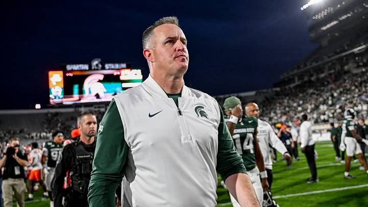 Michigan State’s head coach Pat Fitzgerald leaves the field after the Spartans loss to Illinois in overtime on Saturday, Oct. 10, 2026, at Spartan Stadium in East Lansing.