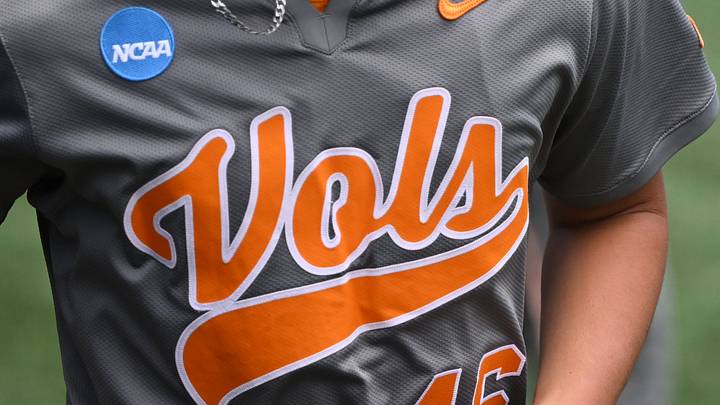 May 30, 2026; Chapel Hill, NC, USA; The Tennessee Volunteers logo along with the Nike and NCAA emblems are seen on the jersey of Tennessee Volunteers pitcher Jax Bishop (46) against VCU Rams during game 3 of the Chapel Hill Regional at Boshamer Stadium. Mandatory Credit: William Howard-Imagn Images