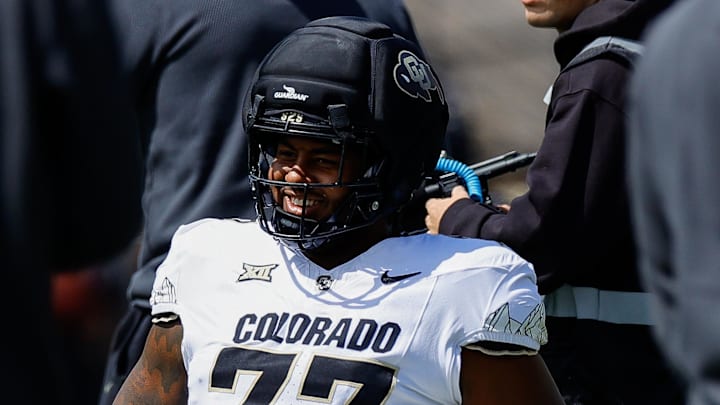 Apr 19, 2025; Boulder, CO, USA; Colorado Buffaloes offensive tackle Jordan Seaton (77) during the spring game at Folsom Field. Apr 19, 2025; Boulder, CO, USA; Colorado Buffaloes offensive tackle Jordan Seaton (77) during the spring game at Folsom Field.