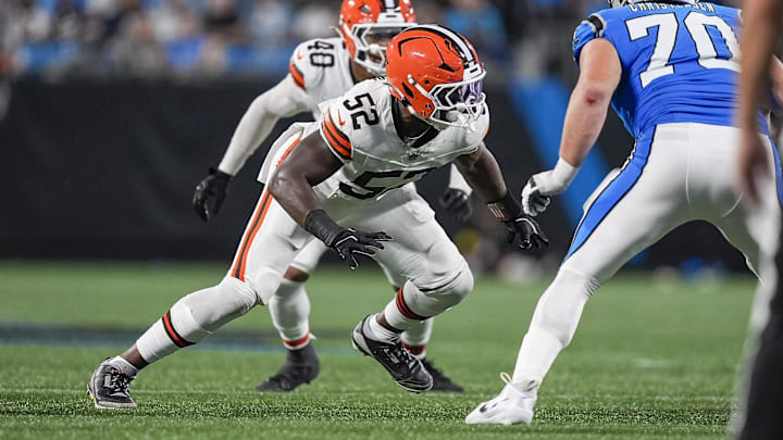 Aug 8, 2025; Charlotte, North Carolina, USA; Cleveland Browns defensive end KJ Henry (52) during the second half against the Carolina Panthers at Bank of America Stadium. Mandatory Credit: Jim Dedmon-Imagn Images