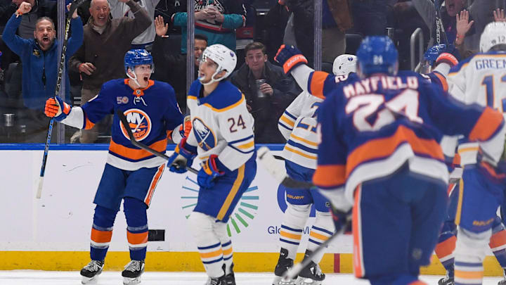 Mar 7, 2023; Elmont, New York, USA;  New York Islanders right wing Hudson Fasching (20) celebrates
