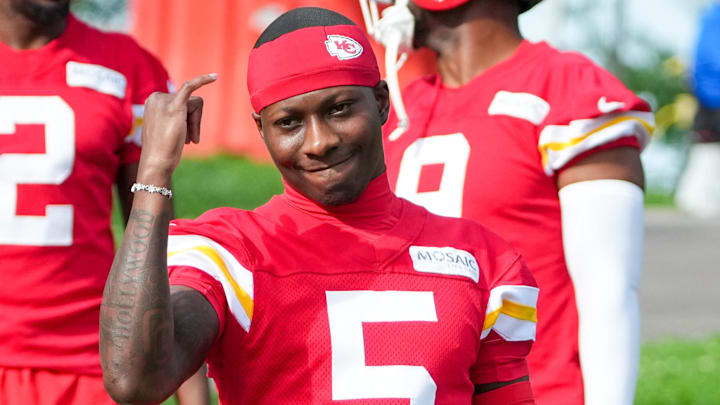Jul 22, 2025; St. Joseph, MO, USA; Kansas City Chiefs wide receiver Hollywood Brown (5) walks down the hill to the fields during training camp at Missouri Western State University. Mandatory Credit: Denny Medley-Imagn Images