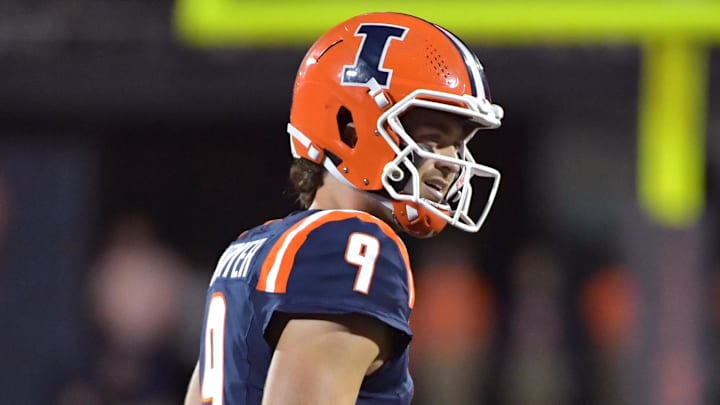 Aug 29, 2025; Champaign, Illinois, USA;  Illinois Fighting Illini quarterback Luke Altmyer (9) during an NCAA game against the Western Illinois Leathernecks at Memorial Stadium. Mandatory Credit: Ron Johnson-Imagn Imageses
