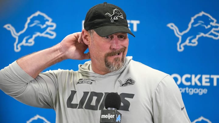 Detroit Lions head coach Dan Campbell speaks to members of the media at the Detroit Lions practice facility in Allen Park on Monday, Jan. 20, 2025, following his team’s NFC divisional playoff loss.