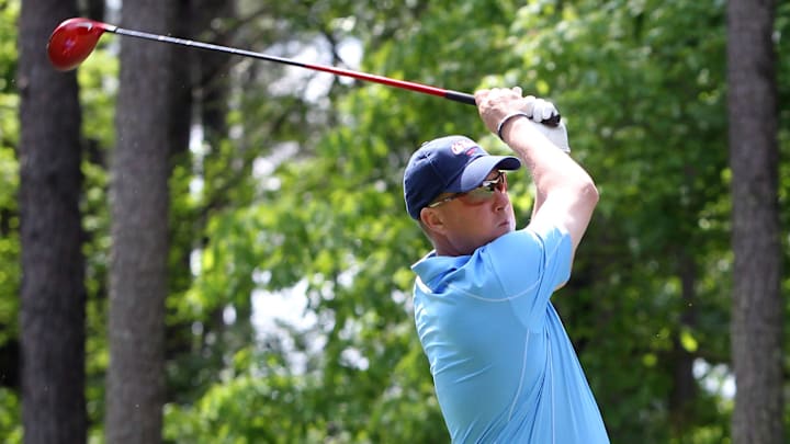 Apr 30, 2013; Greensboro, GA, USA;  Mississippi Rebels head football coach Hugh Freeze tees off during the Chick-fil-A Challenge at the Reynolds Plantation Resort. Mandatory Credit: Daniel Shirey/CFA-pr via Imagn Images  **HAND OUT PHOTO **
