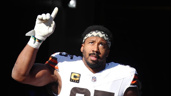 Dec 8, 2024; Pittsburgh, Pennsylvania, USA;  Cleveland Browns defensive end Myles Garrett (95) takes the field to play the Pittsburgh Steelers at Acrisure Stadium. Mandatory Credit: Charles LeClaire-Imagn Images
