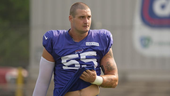 Buffalo Bills defensive end Michael Hoecht gets ready to move to another area to start a new drill at Bills Training Camp at St. John Fisher University in Pittsford on Aug.6, 2025. Buffalo Bills defensive end Michael Hoecht gets ready to move to another area to start a new drill at Bills Training Camp at St. John Fisher University in Pittsford on Aug.6, 2025.