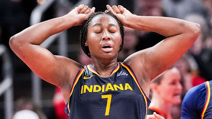 Indiana Fever Aliyah Boston (7) reacts after missing a basket Saturday, May 3, 2025, during a preseason game between the Indiana Fever and the Washington Mystics at Gainbridge Fieldhouse in Indianapolis. The Indiana Fever defeated the Washington Mystics in overtime, 79-74. Indiana Fever Aliyah Boston (7) reacts after missing a basket Saturday, May 3, 2025, during a preseason game between the Indiana Fever and the Washington Mystics at Gainbridge Fieldhouse in Indianapolis. The Indiana Fever defeated the Washington Mystics in overtime, 79-74.