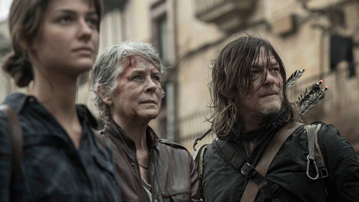Melissa McBride as Carol Peletier, Norman Reedus as Daryl Dixon, Candela Saitta as Justina – The Walking Dead: Daryl Dixon _ Season 3 – Photo Credit: Manuel Fernandez-Valdes/AMC