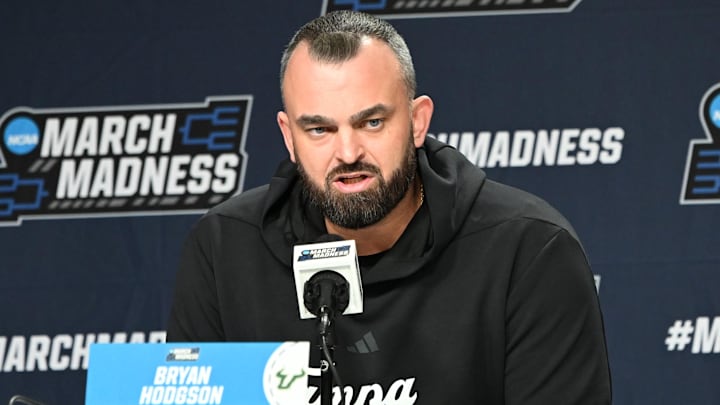 Mar 18, 2026; Buffalo, NY, USA; South Florida Bulls head coach Bryan Hodgson speaks to the media before a practice session ahead of the first round of the men's 2026 NCAA Tournament at KeyBank Center.