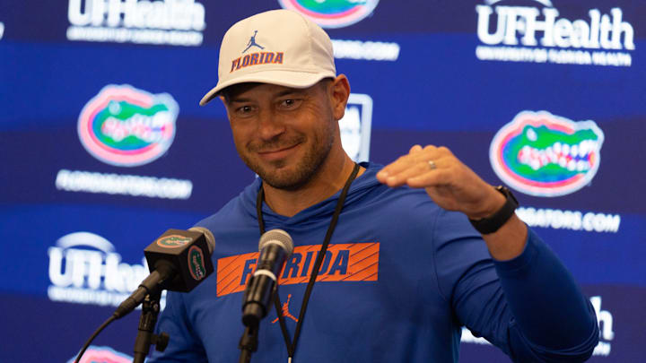 Florida head football coach Jon Sumrall speaks during a press conference after spring practice at Sanders Practice Fields in Gainesville, FL on Tuesday, March 24, 2026. [Alan Youngblood/Gainesville Sun]