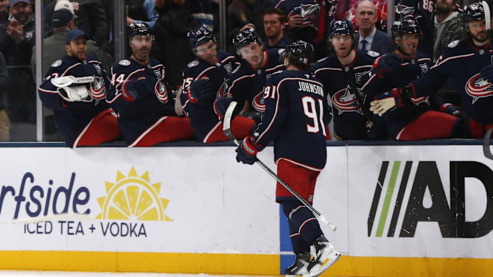 Jan 15, 2026; Columbus, Ohio, USA; Columbus Blue Jackets center Kent Johnson (91) celebrates after his goal against the Vancouver Canucks during the third period at Nationwide Arena. Mandatory Credit: Russell LaBounty-Imagn Images