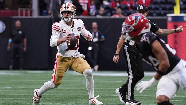 Oct 25, 2026; Atlanta, Georgia, USA;  San Francisco 49ers quarterback Brock Purdy (13) looks to throw on the run against the Atlanta Falcons during the third quarter at Mercedes-Benz Stadium.  Mandatory Credit: Dale Zanine-Imagn Images