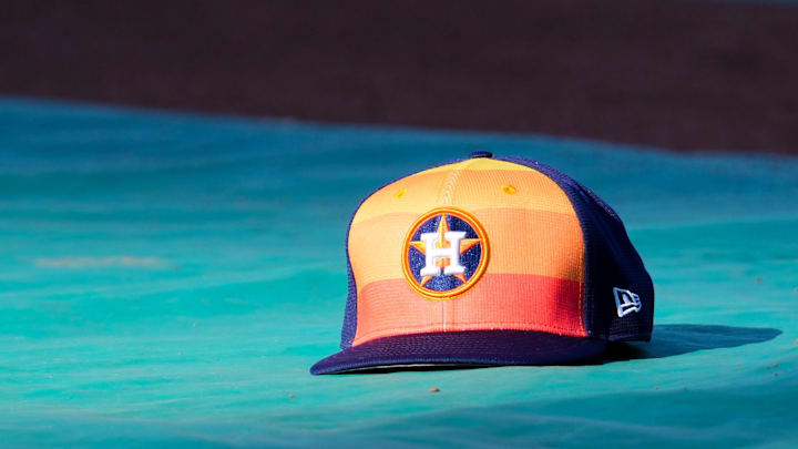 Apr 9, 2024; Kansas City, Missouri, USA; A general view of Houston Astros second base Jose Altuve (27) hat on the field during batting practice prior to a game against the Kansas City Royals at Kauffman Stadium. Mandatory Credit: Denny Medley-Imagn Images