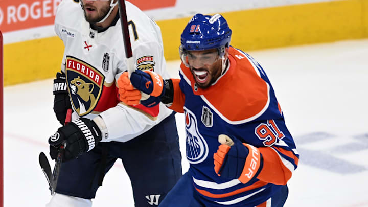 Jun 4, 2025; Edmonton, Alberta, CAN; Edmonton Oilers left wing Evander Kane (91) reacts after Edmonton Oilers defenseman Mattias Ekholm (not pictured) scores a goal against the Florida Panthers during the third period in game one of the 2025 Stanley Cup Final at Rogers Place. Mandatory Credit: Walter Tychnowicz-Imagn Images