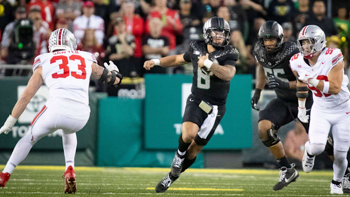Oregon Ducks quarterback Dillon Gabriel carries the ball as the No. 3 Oregon Ducks host the No. 2 Ohio State Buckeyes Saturday, Oct. 12, 2024 at Autzen Stadium in Eugene, Ore.
