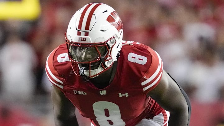 Aug 30, 2024; Madison, Wisconsin, USA;  Wisconsin Badgers linebacker Leon Lowery Jr. (8) during the game against the Western Michigan Broncos at Camp Randall Stadium. Mandatory Credit: Jeff Hanisch-Imagn Images