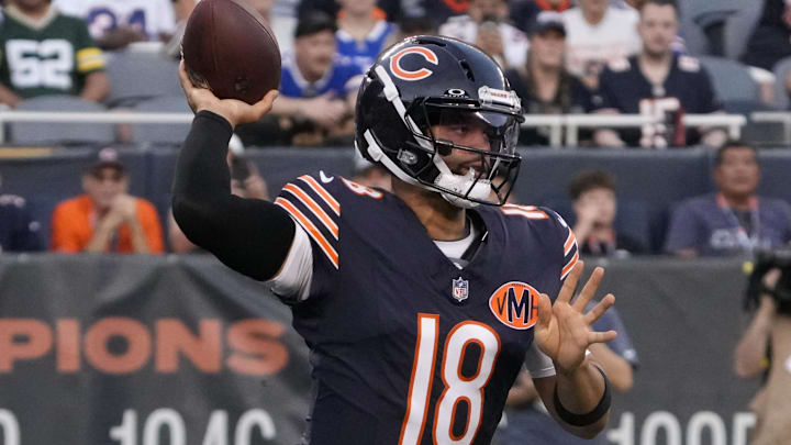 Chicago Bears quarterback Caleb Williams (18) looks to pass the ball against the Buffalo Bills during the first quarter at Soldier Field.