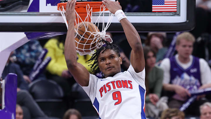 Mar 3, 2025; Salt Lake City, Utah, USA; Detroit Pistons forward Ausar Thompson (9) dunks against the Utah Jazz during the second half at Delta Center. Mandatory Credit: Rob Gray-Imagn Images