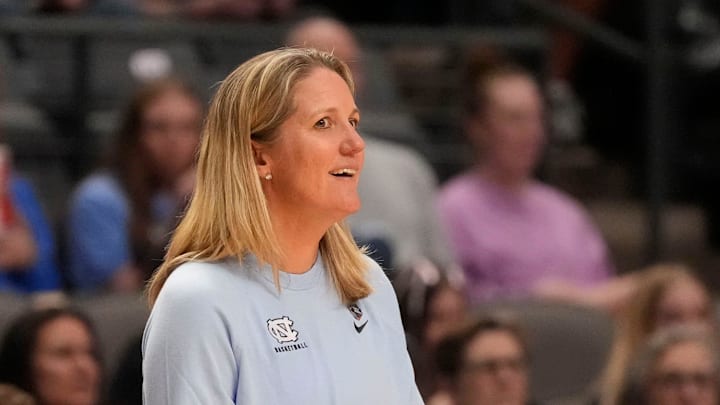 Mar 28, 2025; Birmingham, AL, USA; North Carolina head coach Courtney Banghart can’t believe a call by an official at Legacy Arena in the Sweet 16. Duke advanced to the Elite 8 with a 47-38 victory. Mandatory Credit: Gary Cosby Jr.-Tuscaloosa News