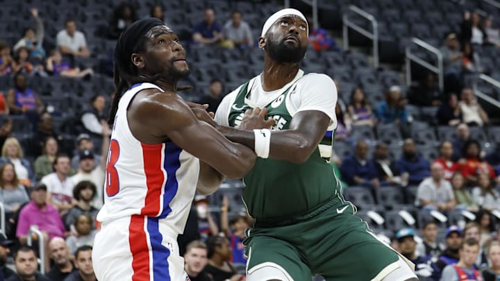 Oct 6, 2024; Detroit, Michigan, USA;  Detroit Pistons center Isaiah Stewart (28) and Milwaukee Bucks forward Bobby Portis (9) look for the rebound in the first half at Little Caesars Arena. Mandatory Credit: Rick Osentoski-Imagn Images