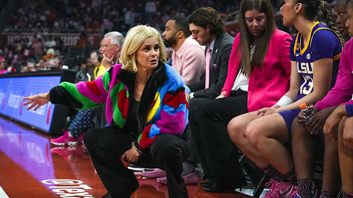 LSU head coach Kim Mulkey talks to her players during the game against the Texas Longhorns at the Moody Center on Sunday, Feb. 16, 2025.
