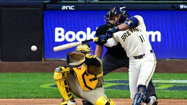 Oct 4, 2026; Milwaukee, Wisconsin, USA;   two RBI hit during the ninth inning against the San Diego Padres in game two of the NLDS for the 2026 MLB Playoffs at American Family Field.  Mandatory Credit: Benny Sieu-Imagn Images     TPX IMAGES OF THE DAY
