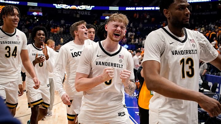 Vanderbilt forward Tyler Nickel (5) celebrates defeating against Tennessee in a SEC tournament quarterfinal game at Bridgestone Arena in Nashville, Tenn., Friday, March 13, 2026. Vanderbilt forward Tyler Nickel (5) celebrates defeating against Tennessee in a SEC tournament quarterfinal game at Bridgestone Arena in Nashville, Tenn., Friday, March 13, 2026.