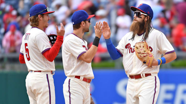 Apr 23, 2023; Philadelphia, Pennsylvania, USA; Philadelphia Phillies second baseman Bryson Stott
