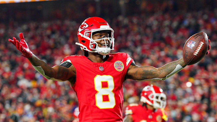 Dec 8, 2024; Kansas City, Missouri, USA; Kansas City Chiefs wide receiver DeAndre Hopkins (8) celebrates after scoring against the Los Angeles Chargers during the first half at GEHA Field at Arrowhead Stadium. Mandatory Credit: Denny Medley-Imagn Images
