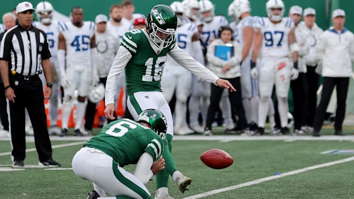 Nov 17, 2024; East Rutherford, New Jersey, USA; New York Jets place kicker Anders Carlson (18) kicks a field goal against the Indianapolis Colts during the fourth quarter at MetLife Stadium. 