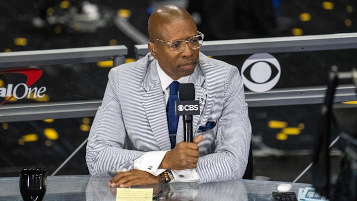 Apr 5, 2021; Indianapolis, IN, USA; CBS announcer Kenny Smith prior to the national championship game in the Final Four of the 2021 NCAA Tournament between the Gonzaga Bulldogs and the Baylor Bears at Lucas Oil Stadium. Mandatory Credit: Kyle Terada-Imagn Images