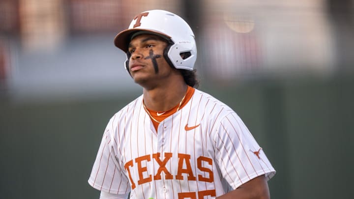 Texas outfielder Jonah Williams (55) stands on first base during the Longhorns' game against Louisville at UFCU Disch-Falk Field in Austin, Tuesday, May 6, 2025.