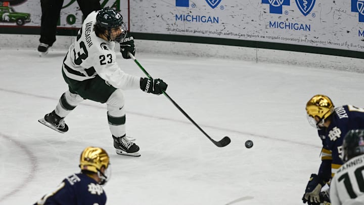 MSU's Shane Vansaghi shoots and scores against Notre Dame, Saturday, Nov. 15, 2024, at Munn Ice Arena. MSU won 4-3 to sweep the series.