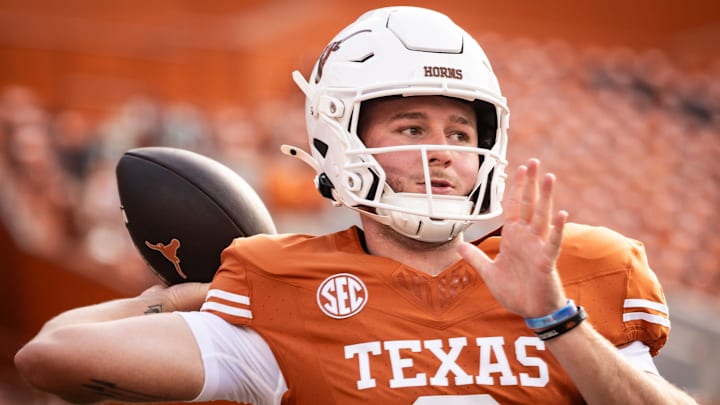 Texas Longhorns quarterback Quinn Ewers (3) warms up ahead of the Longhorns' game against the UTSA Roadrunners at Darrell K RoyalÐTexas Memorial Stadium, Saturday, Sept. 14, 2024.