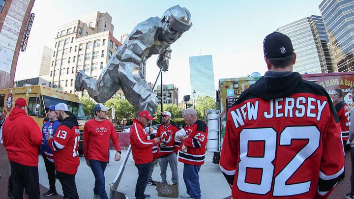 Fans gather outside at the NJ Devils fan fest prior to game one of the first round of the 2023 Stanley Cup Playoffs at Prudential Center. Mandatory Credit: Ed Mulholland-USA TODAY Sports