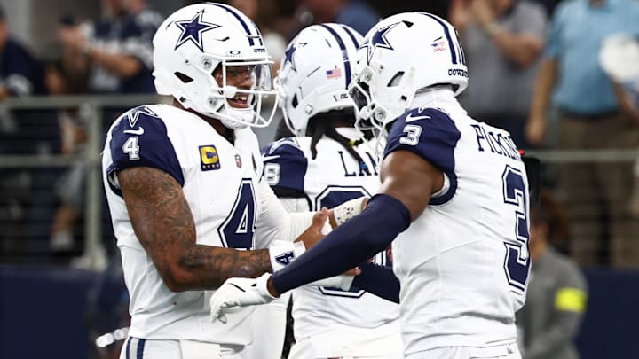 Dallas Cowboys quarterback Dak Prescott (4) and wide receiver George Pickens (3).