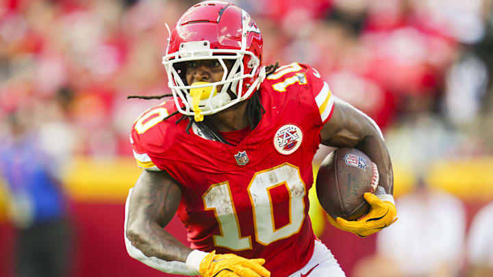 Kansas City Chiefs running back Isiah Pacheco (10) runs the ball during the first half against the Cincinnati Bengals at GEHA Field at Arrowhead Stadium.